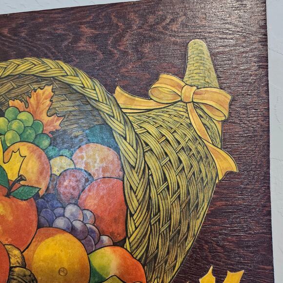 Vintage Cornucopia Wood Panel Picture 16" Thanksgiving Flowers Cottage 80s Fall - Picture 3 of 10